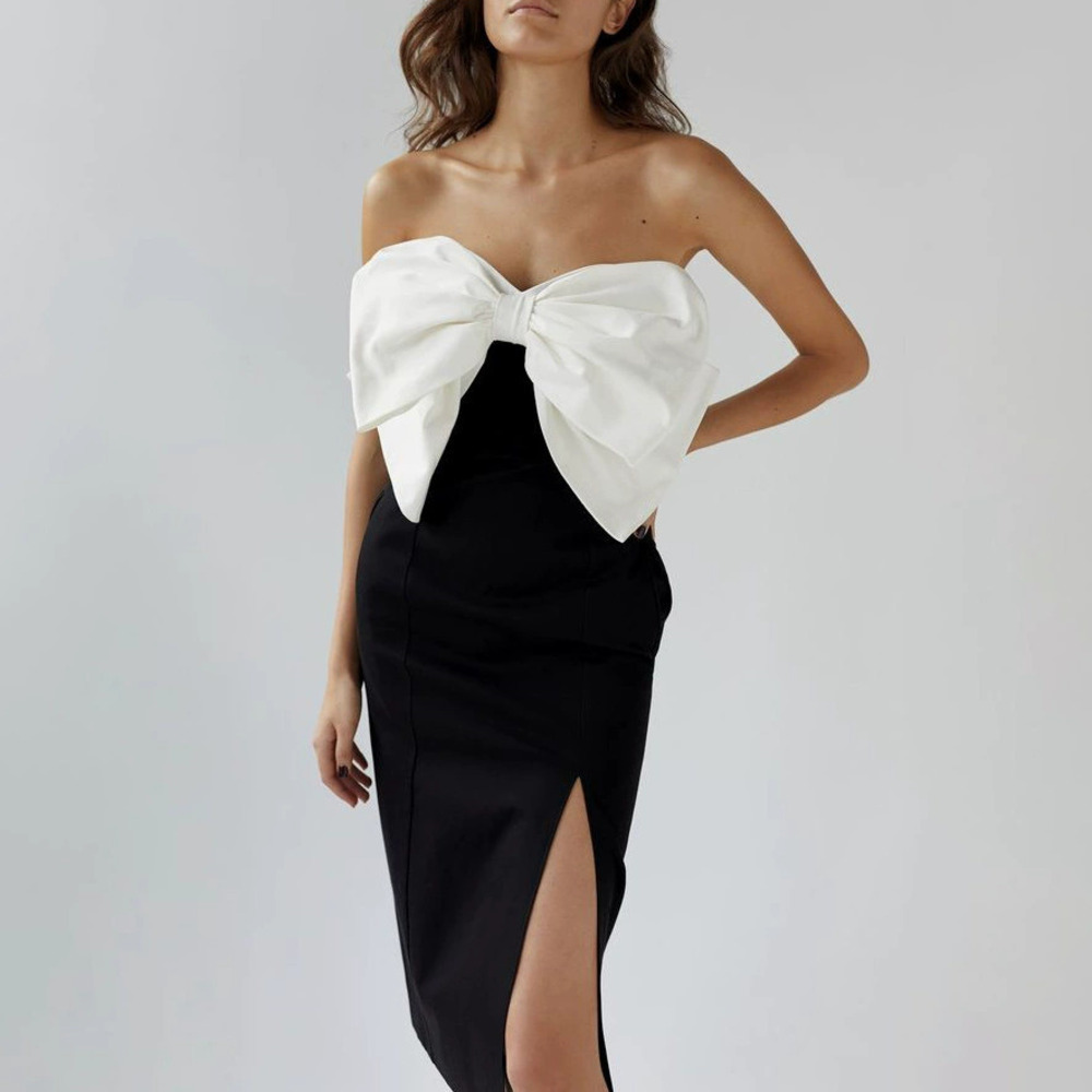 ZARA Sexy French Chic High Slit Bow Tie Long Dress for Women Work Commute
